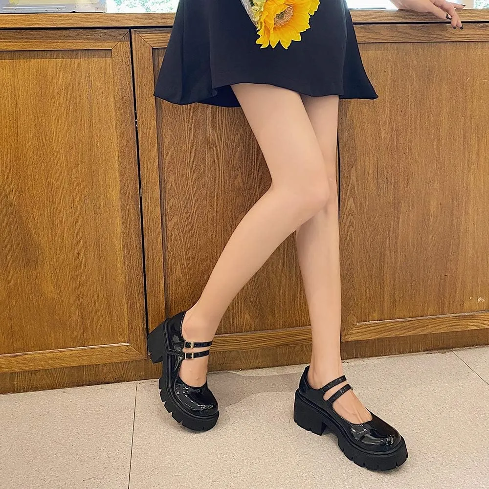 YIYA Women's Mary Jane Pumps Shoes Black Ankle Buckle Gothic Lolita Shoes Round Toe Chunky Heel Platform Pumps