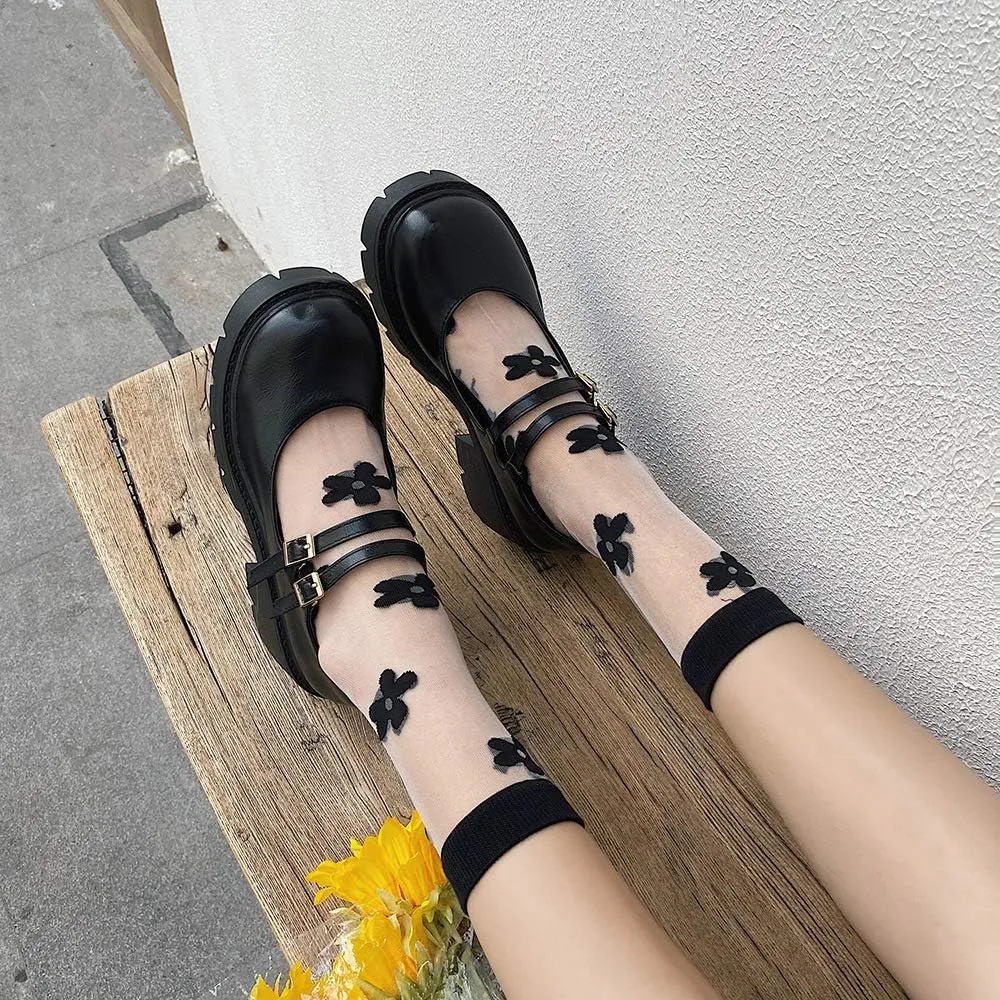 YIYA Women's Mary Jane Pumps Shoes Black Ankle Buckle Gothic Lolita Shoes Round Toe Chunky Heel Platform Pumps