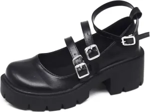 YIYA Women's Mary Jane Pumps Shoes Black Ankle Buckle Gothic Lolita Shoes Round Toe Chunky Heel Platform Pumps