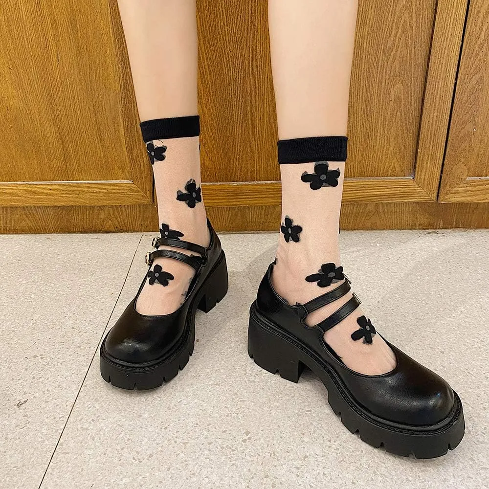 YIYA Women's Mary Jane Pumps Shoes Black Ankle Buckle Gothic Lolita Shoes Round Toe Chunky Heel Platform Pumps