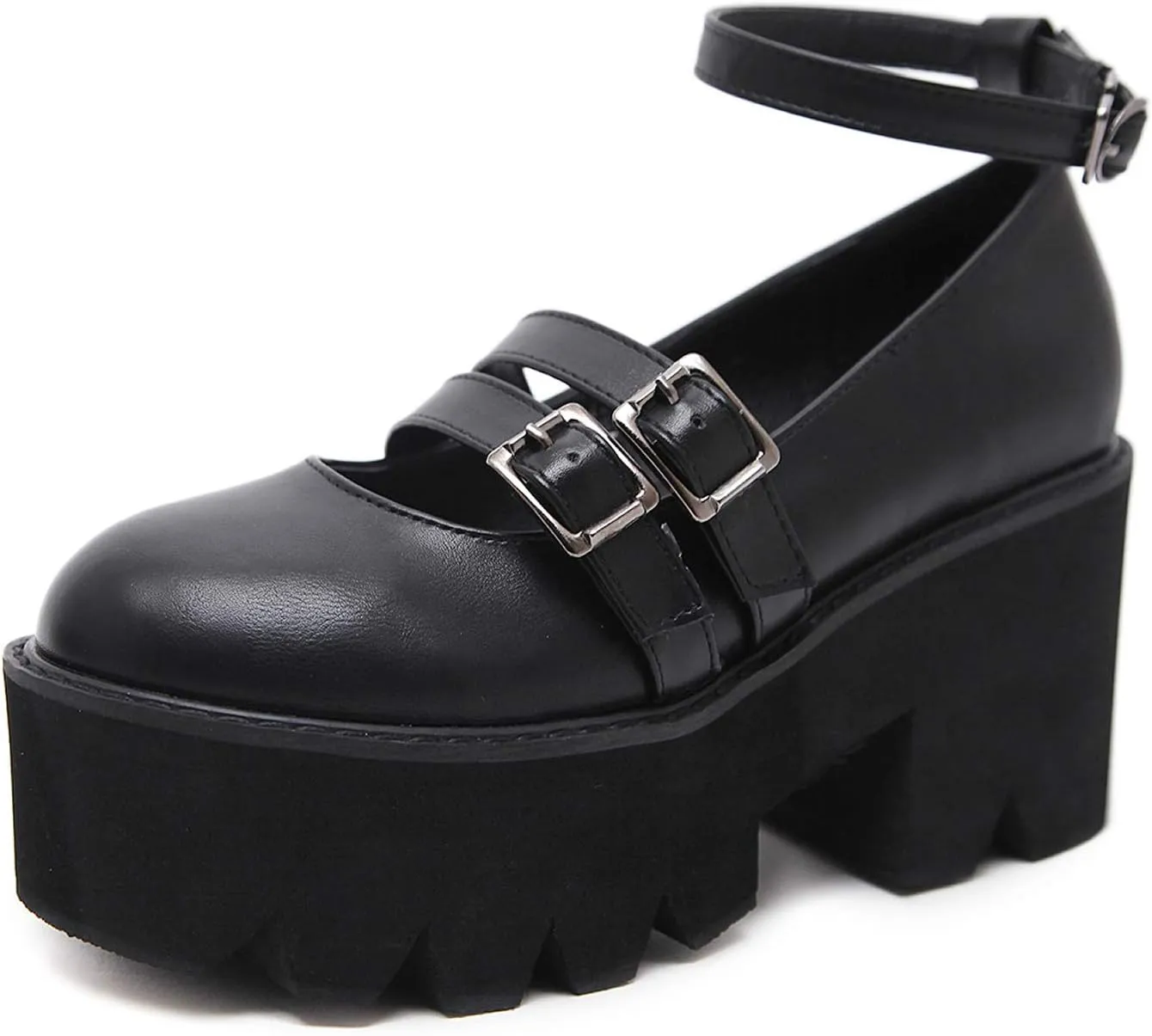 YIYA Women's Pumps Platform Gothic Lolita Shoes Ankle Strap Buckle Chunky Heels Black Mary Jane Pumps for Women