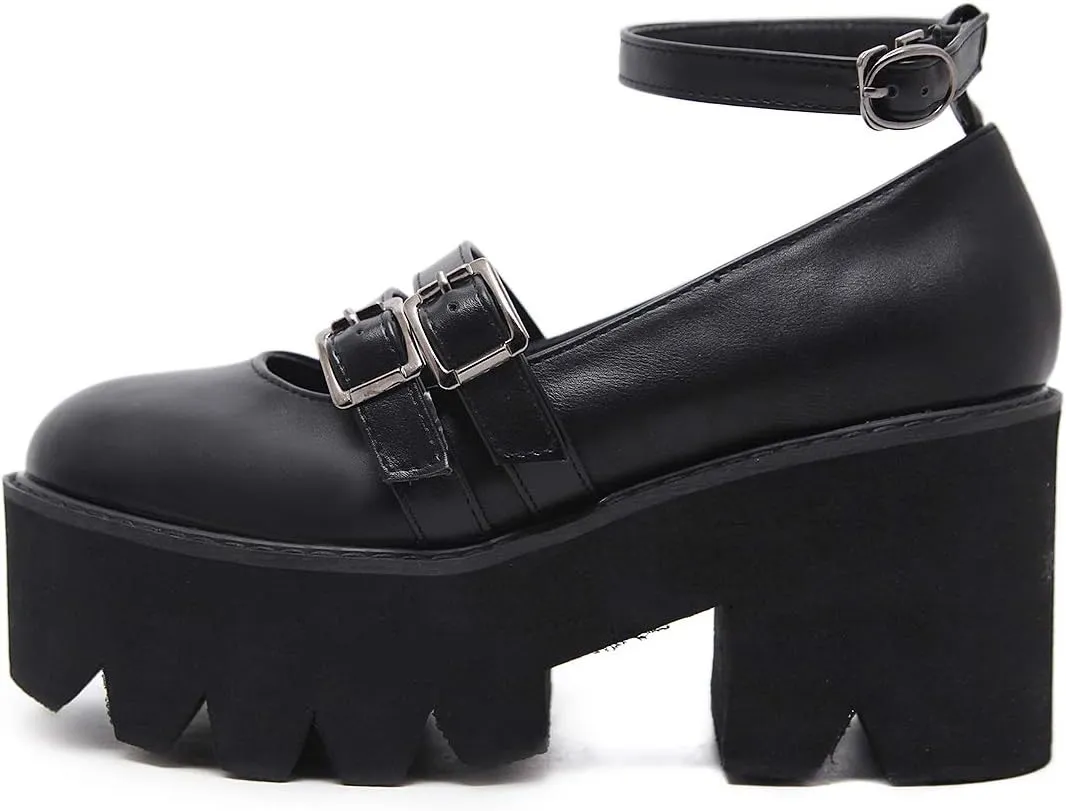 YIYA Women's Pumps Platform Gothic Lolita Shoes Ankle Strap Buckle Chunky Heels Black Mary Jane Pumps for Women
