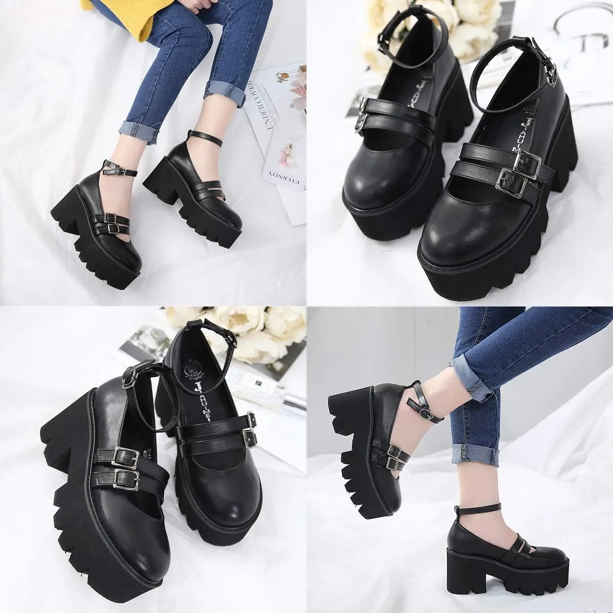 YIYA Women's Pumps Platform Gothic Lolita Shoes Ankle Strap Buckle Chunky Heels Black Mary Jane Pumps for Women