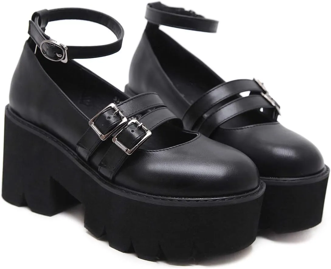 YIYA Women's Pumps Platform Gothic Lolita Shoes Ankle Strap Buckle Chunky Heels Black Mary Jane Pumps for Women