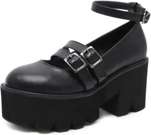 YIYA Women's Pumps Platform Gothic Lolita Shoes Ankle Strap Buckle Chunky Heels Black Mary Jane Pumps for Women