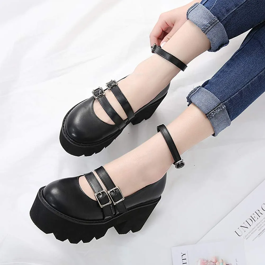 YIYA Women's Pumps Platform Gothic Lolita Shoes Ankle Strap Buckle Chunky Heels Black Mary Jane Pumps for Women