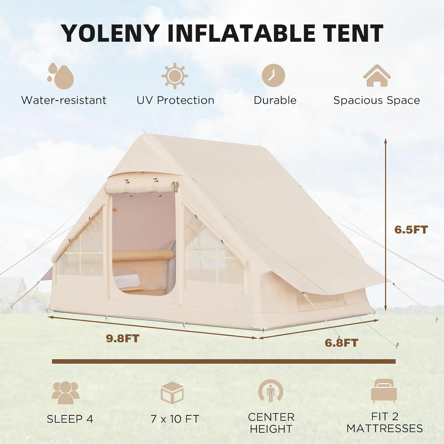 YOLENY Classic Inflatable Camping Tent for 6-12 Person, 4 Season Blow Up Tent with Mesh Windows & Pumps