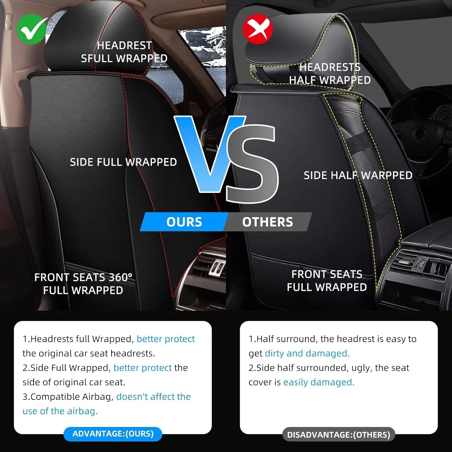 YORKNEIC 2 Front Car Seat Covers for Ford Transit Connect 2010-2024 2025 Faux Leather Waterproof Seat Covers Automotive Seat Protectors Cushions with Airbag Compatible(2 Front Seat,Black&Beige)