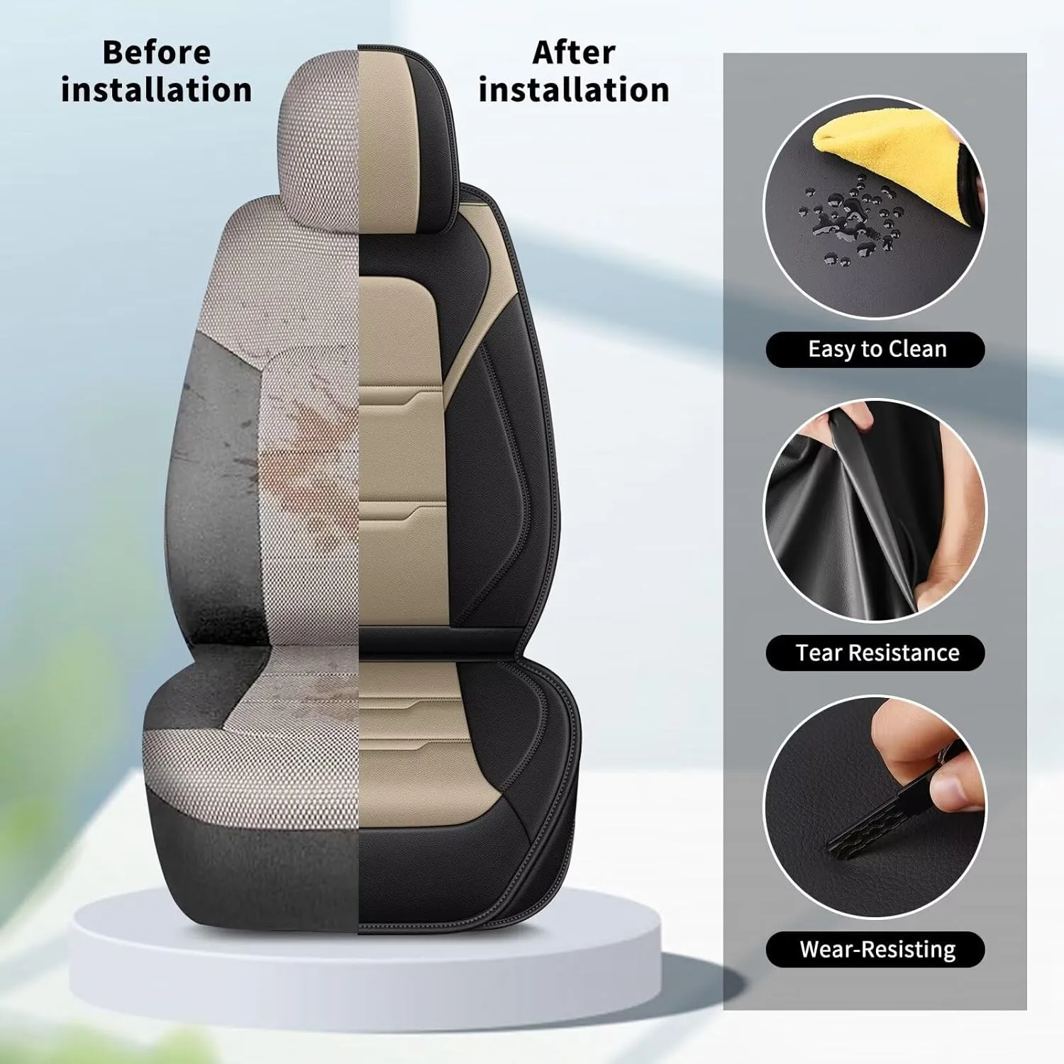 YORKNEIC 2 Front Car Seat Covers for Ford Transit Connect 2010-2024 2025 Faux Leather Waterproof Seat Covers Automotive Seat Protectors Cushions with Airbag Compatible(2 Front Seat,Black&Beige)