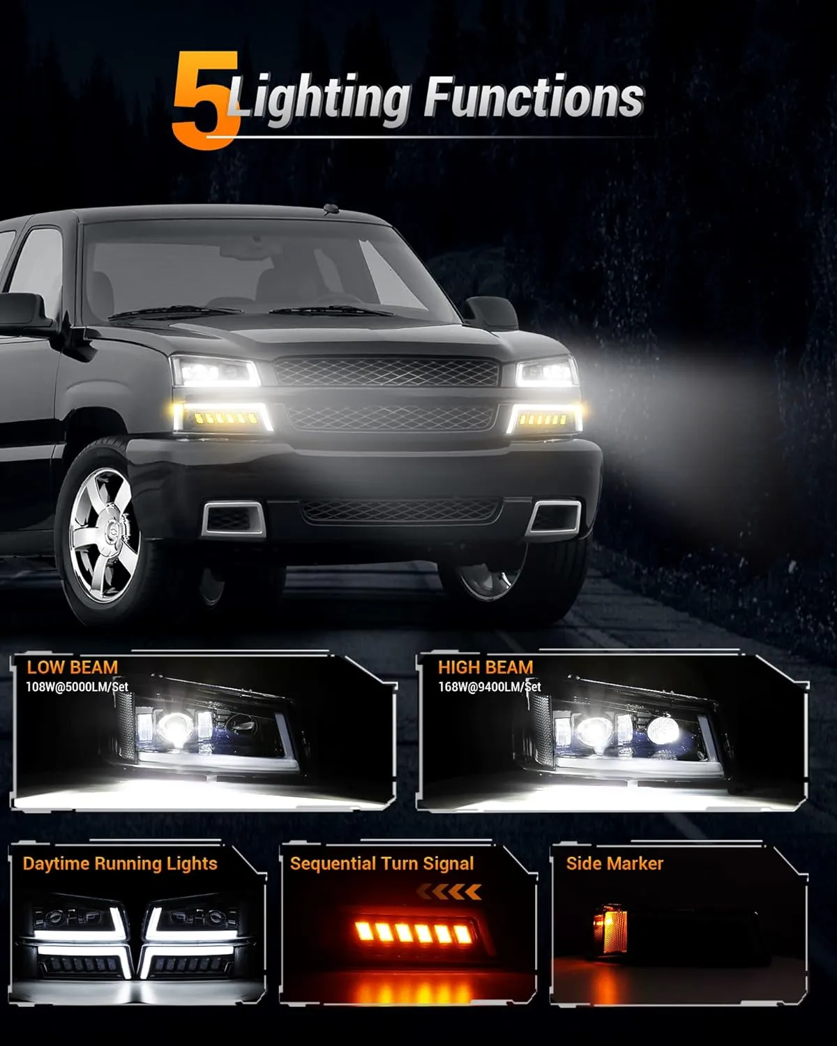 Z-OFFROAD LED Headlights Assembly DOT Approved with DRL Turn Signal Hi/Low Sealed Beam Compatible with 03-06 Chevy Silverado Avalanche (Sequential Turn Signal   Clear Side Marker)