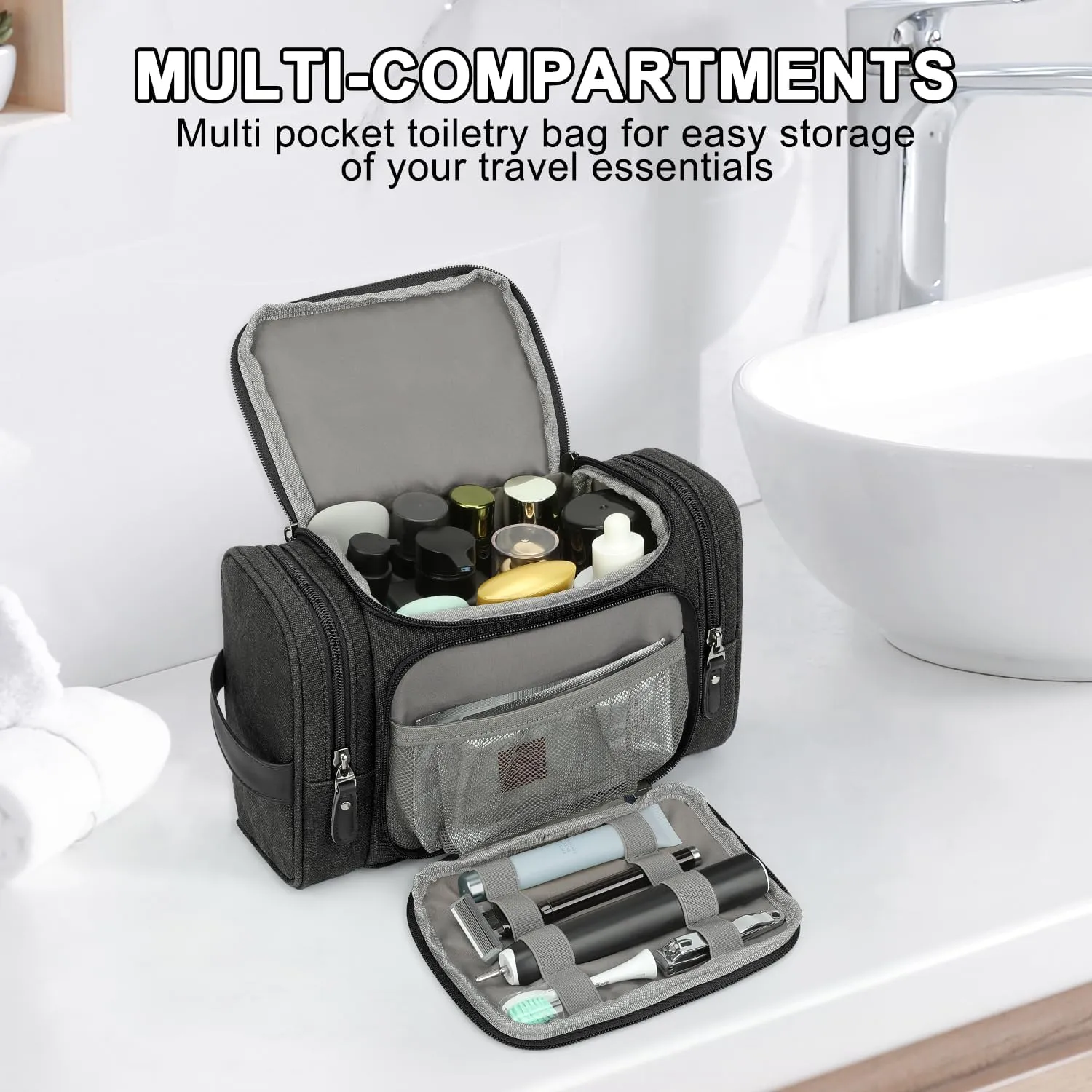 ZOMFELT Canvas Toiletry Bag for Men, Large Travel Toiletry Dopp Kit Organizer with Wet Pocket, Water-resistant Multiple Pockets Shaving Bag for Gym Essentials and Toiletries Accessories, Black