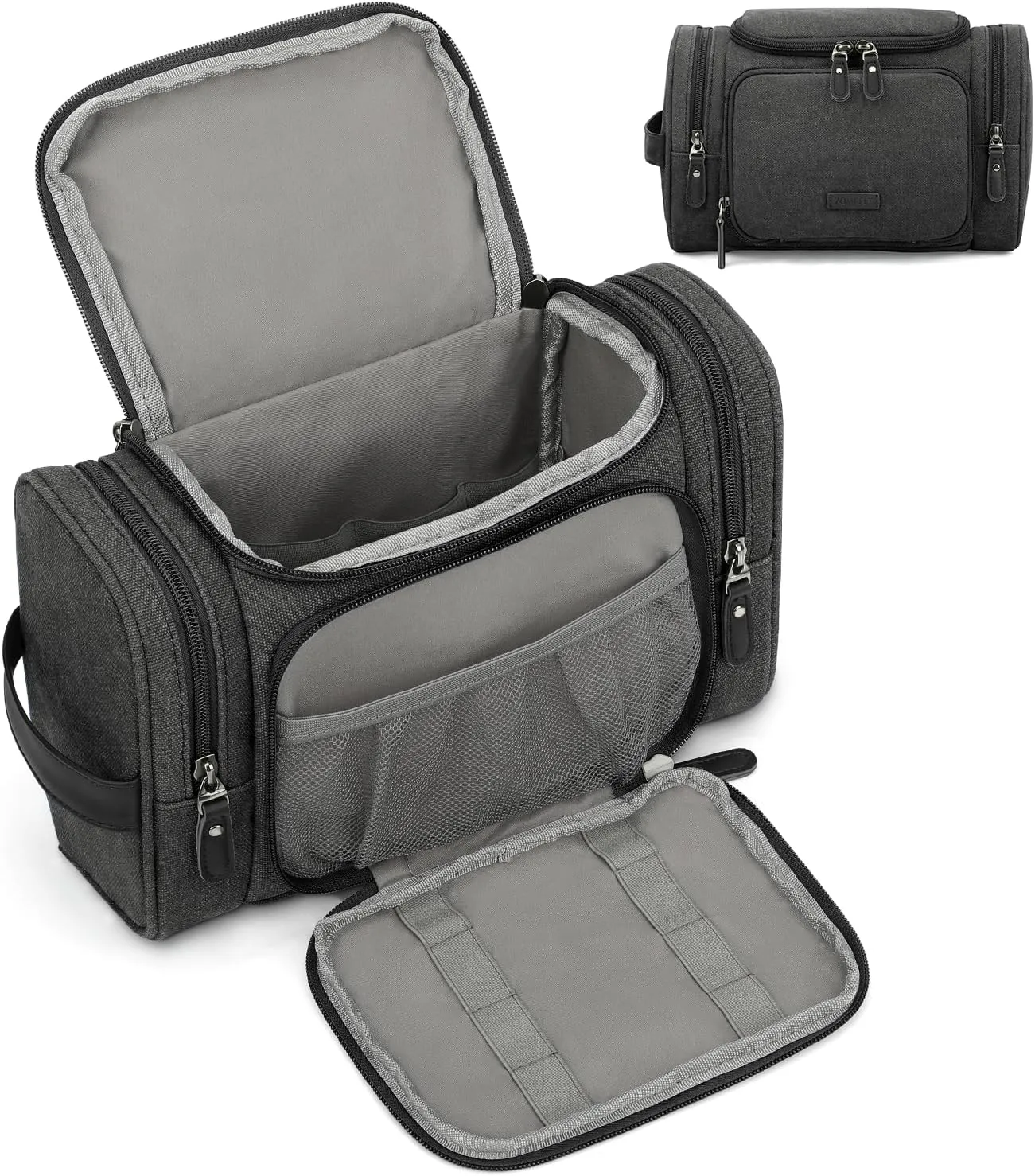 ZOMFELT Canvas Toiletry Bag for Men, Large Travel Toiletry Dopp Kit Organizer with Wet Pocket, Water-resistant Multiple Pockets Shaving Bag for Gym Essentials and Toiletries Accessories, Black